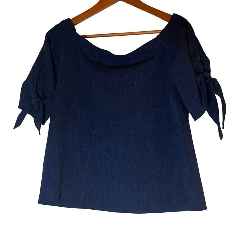 Olivia Grey Navy Blue Off the Shoulder Top - Picture 2 of 7
